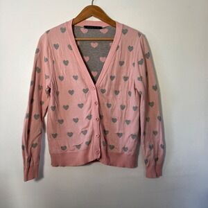 POL Womens Pink Heart Print Cotton Knit V-Neck Button Front Cardigan Sweater Med